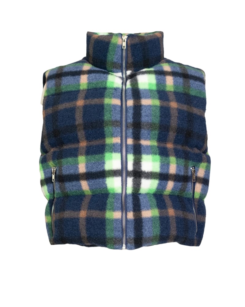 Front of a size 1X Plaid Puffer Vest in Navy by Hilary MacMillan. | dia_product_style_image_id:319037